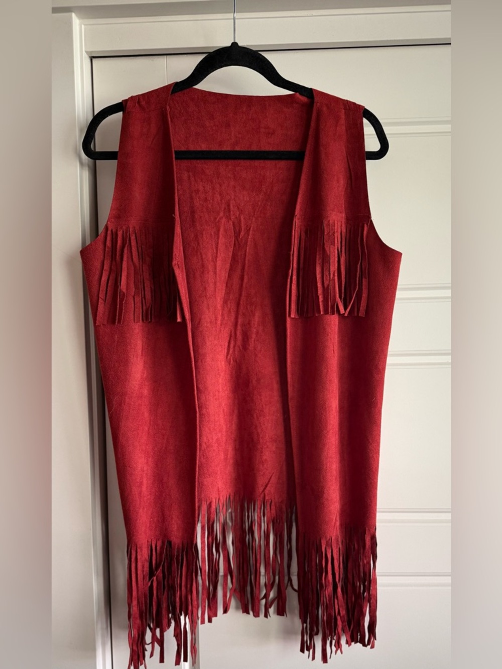 Red Fringe Sleeveless Suede-Style Vest